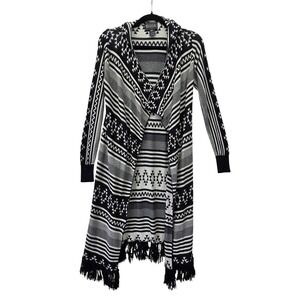 Mia Maddison Hooded Duster Cardigan‎ Black White Tribal Geometric Fringe S